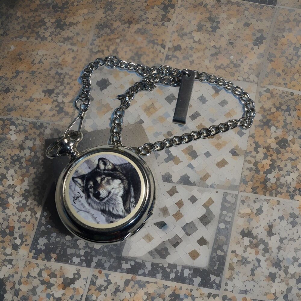 Al Agnew Wolf Men's Pocket Watch Silver Tone With Chain & Clip Needs New Battery